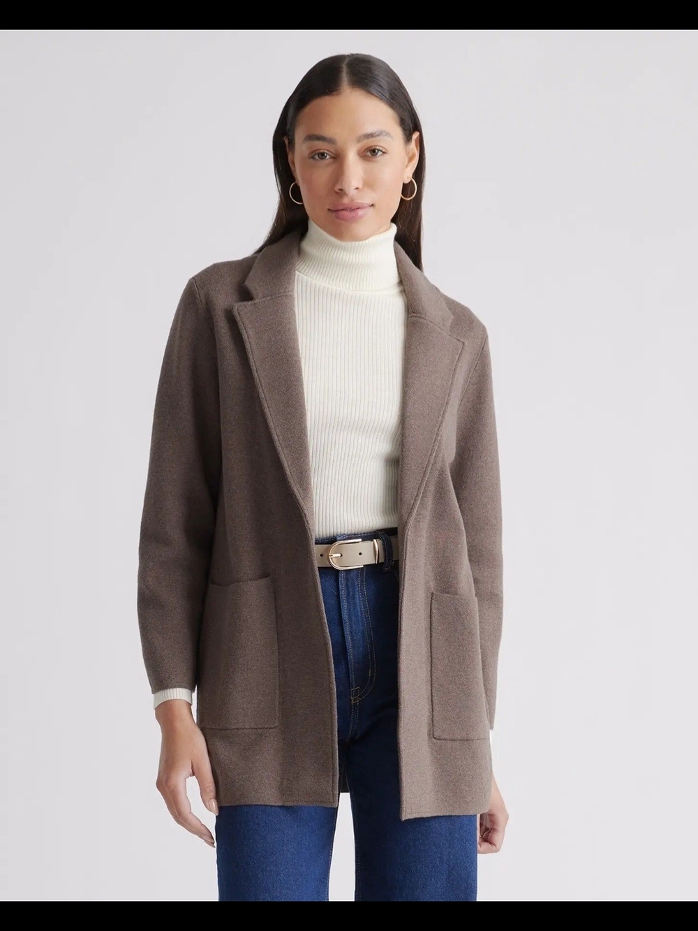 Quince 100% Organic Cotton Brown Open-Front Blazer Coat